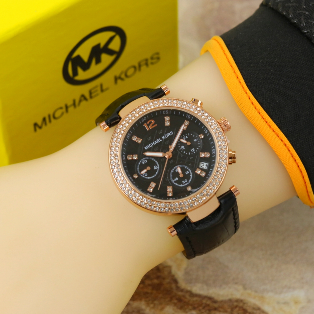 Bisa Cod - Jam Tangan Wanita Michael Kors Mk7179Ui Chronograph Tanggal Aktif Tali Kulit Free Box Ori