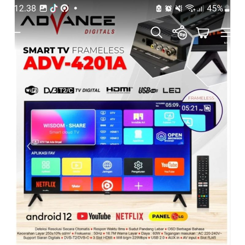 (FREE PACKING KAYU) TV Digital / Advance Android TV LED 42 Inch ADV-4201A Smart TV Digital Frameless