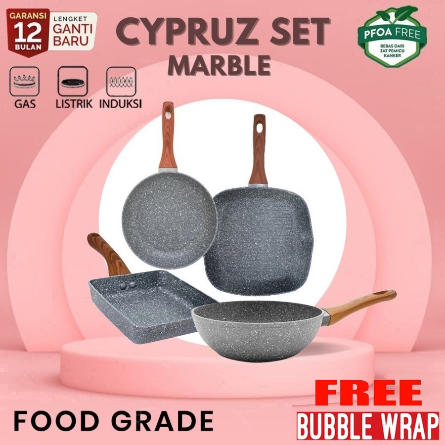 Cookware Cyprus Wajan Penggorengan Marble Cypruz Set 4 Pcs Pan Induksi