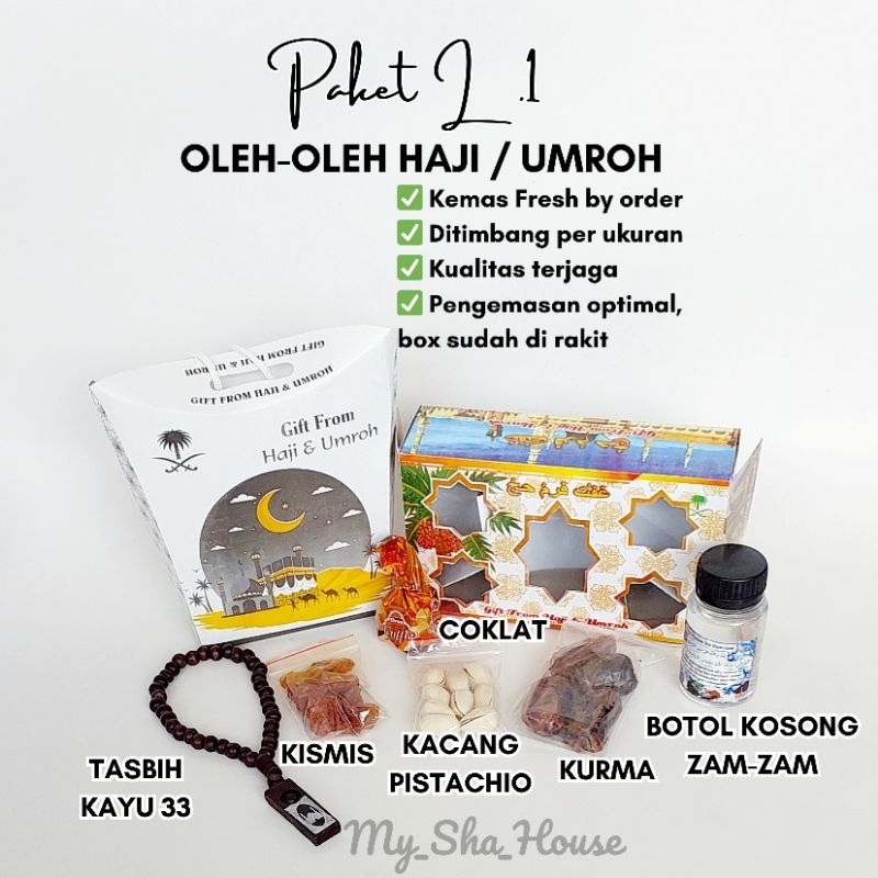 

Paket L.1 oleh oleh haji umroh kurma kismis pistachio coklat tasbih botol kosong zam-zam