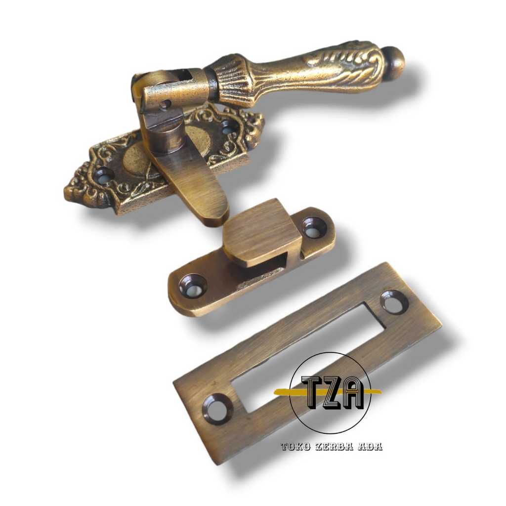 Grendel Jendela Pintu Rambuncis Slot Kunci Kuningan Solid Antik Motif Ukir 1 Pcs