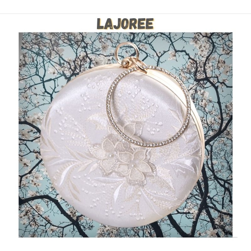 LAJOREE Peony Circle Clutch Tas Pesta Gelang Kondangan Bulat Bundar Cantik Motif Bunga Elegan