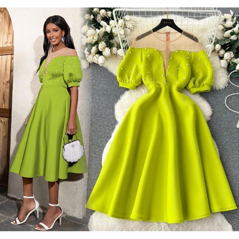 ballon puff sleeve flare dress hijau gaun midi green neon dress event party gown v neck dress acara 