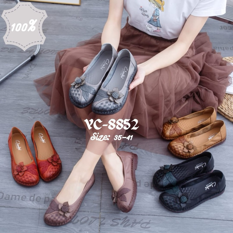 TERMURAH Sepatu Clarks YC-8852 Flowers Flat / Flatshoes kulit wanita / Sepatu kerja kantor women imp