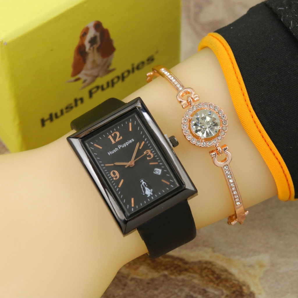 Promo Jam Tangan Fashion Wanita Hush Puppies Persegi Free Gelang