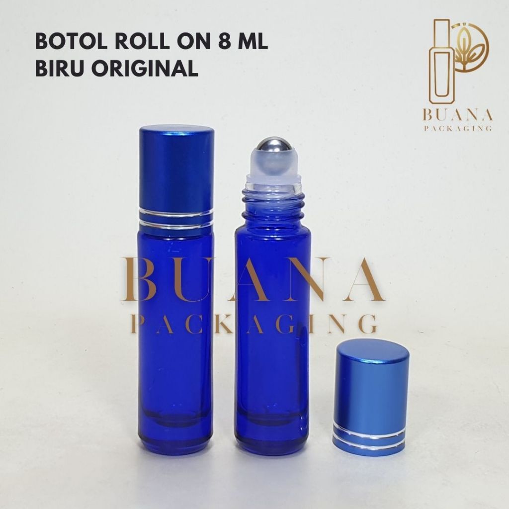Botol Roll On 8 ml Biru Original Tutup Stainles Biru Shiny Bola Stainles / Botol Roll On / Botol Kaca / Parfum Roll On / Botol Parfum / Botol Parfume Refill / Roll On 10 ml