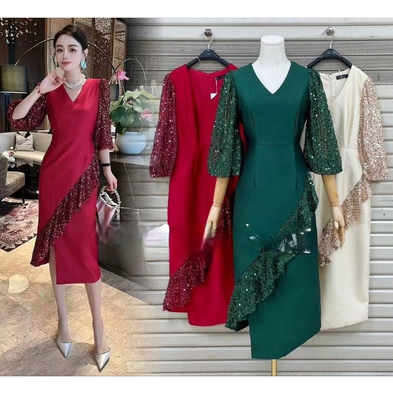 midi sleeve sequin basic simple polos sequin glitter kilat red green hijau gold cream nude dress mid