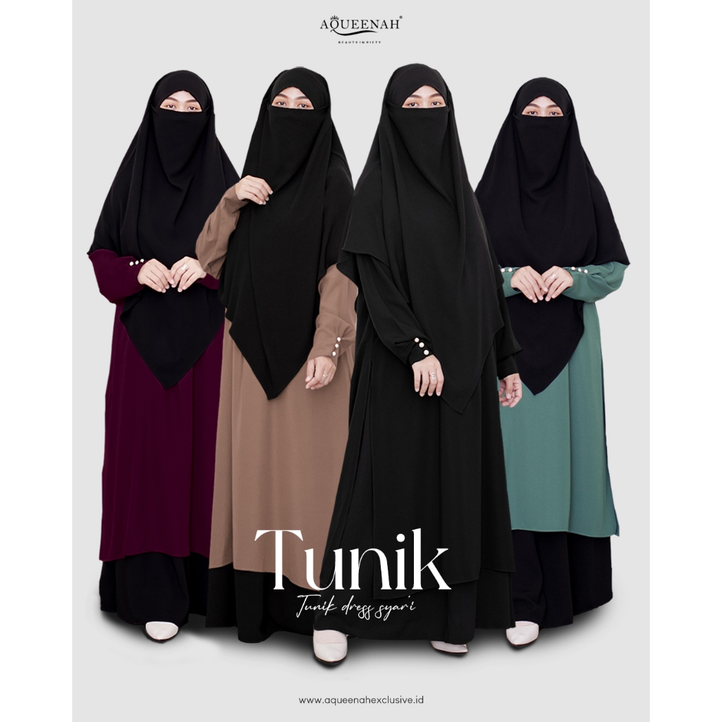 Aqueenah Tunik Dress set Rok dan French Khimar Premium - Tunik Syari warna hitam coksu tosca dark plum maroon marun setelan gamis pesta