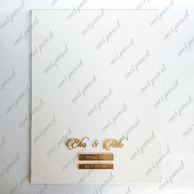 1set custom tulisan nama cutting dan plat grafir tgl Rp hiasan mahar bahan akrilik gold silver roseg