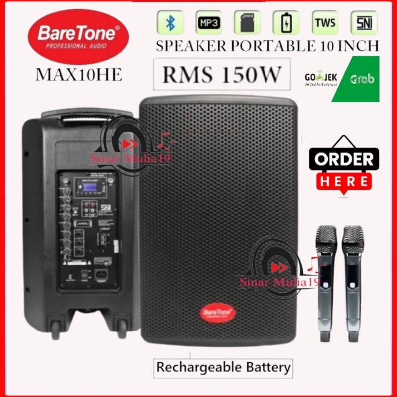 Speaker Aktif Portable BareTone MAX10HE / MAX 10HE " 10 Inch RMS 150 Watt Terbaik Bluetooth TWS