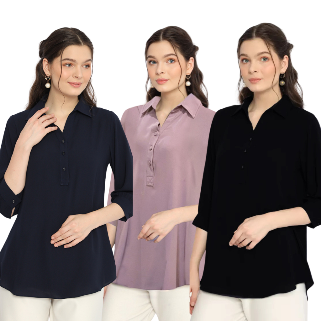 Blus Polos Wanita Kerah V Biru dongker hitam dan ungu  Plain Blouse Navy and black With V Neck By Br