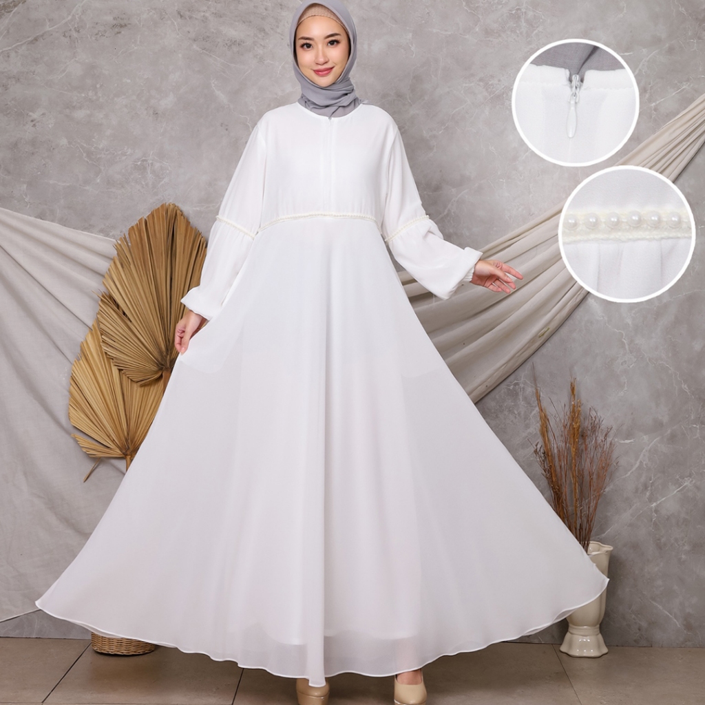 KKUM OFFICIAL Gamis Putih Baju Lebaran Umroh Haji Busana Muslim Hijab Dress Brukat AGNES Wanita Terb