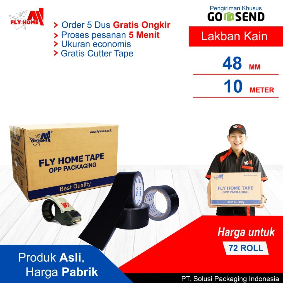 

FLYHOME Lakban jilid/jalin hitam 1 dus 10meter 48mm x 10m 72 roll cloth tape ukuran Full Instan