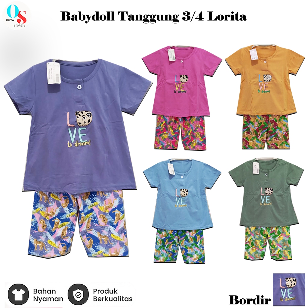 Baju Tidur Anak Babydoll Lorita Setelan 3/4 Ukuran ( L )- Baju Tidur Anak Perempuan Umur 6 - 8 Tahun