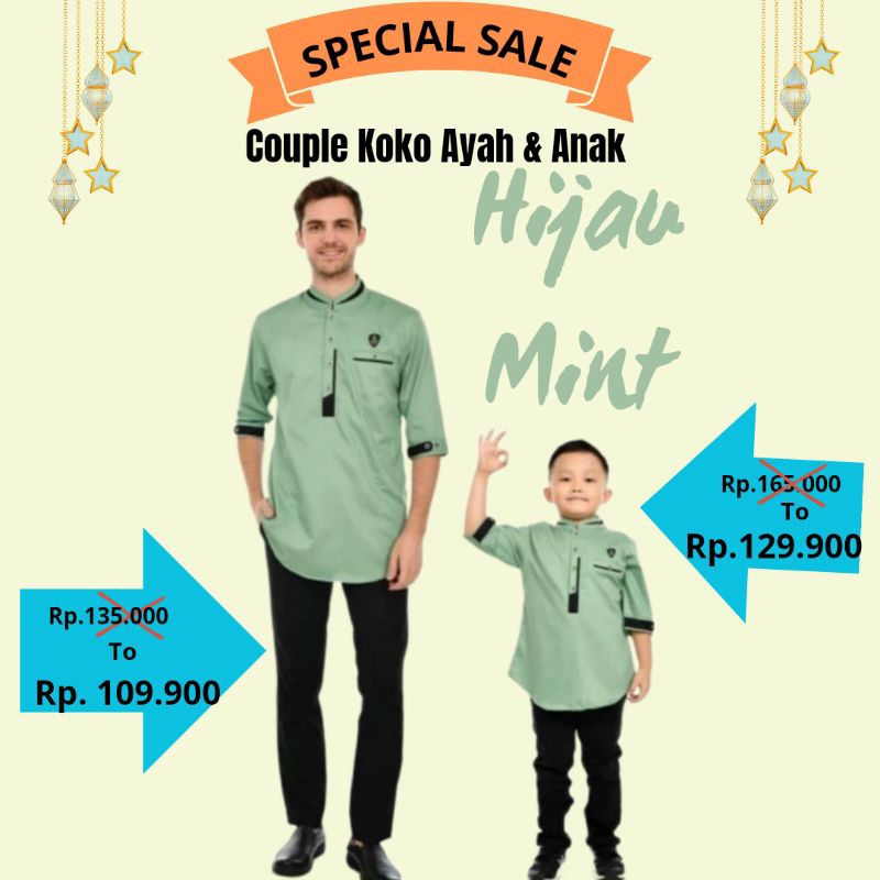 SPECIAL SALE Couple Koko Kurta Ayah dan Anak ORI COBANA Warna Hijau Mint