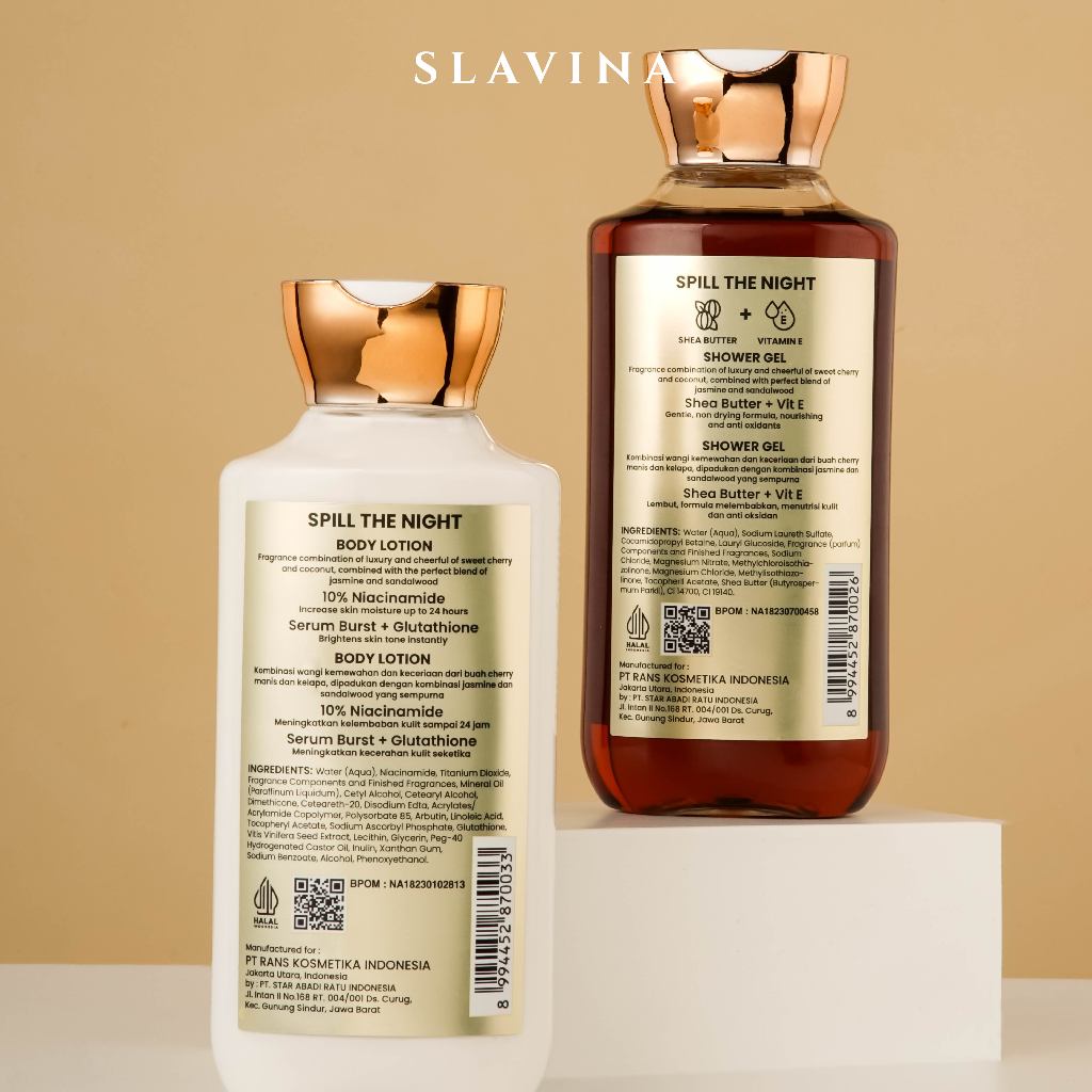 SLAVINA Spill The Night Paket Body Lotion &amp; Shower Gel - Wangi Parfum Nagita Slavina Aroma Jasmine, Sandalwood, Cherry