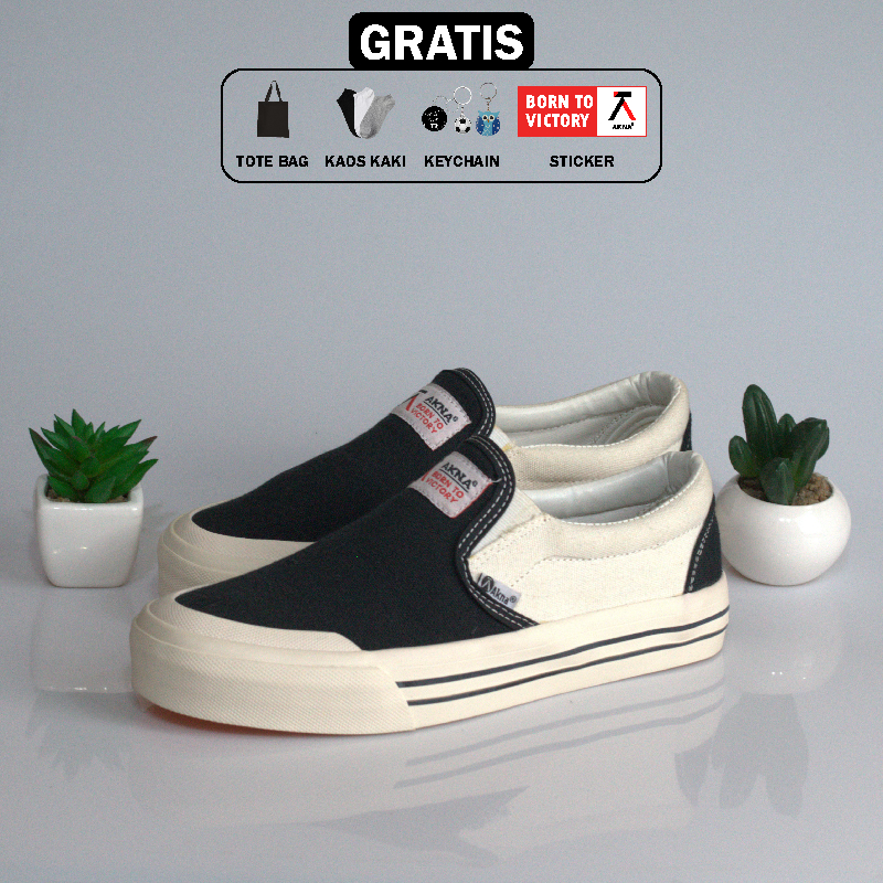 Sepatu akna slip on tektona – sepatu sneakers slip on casual wanita pria sneaker sekolah hitam