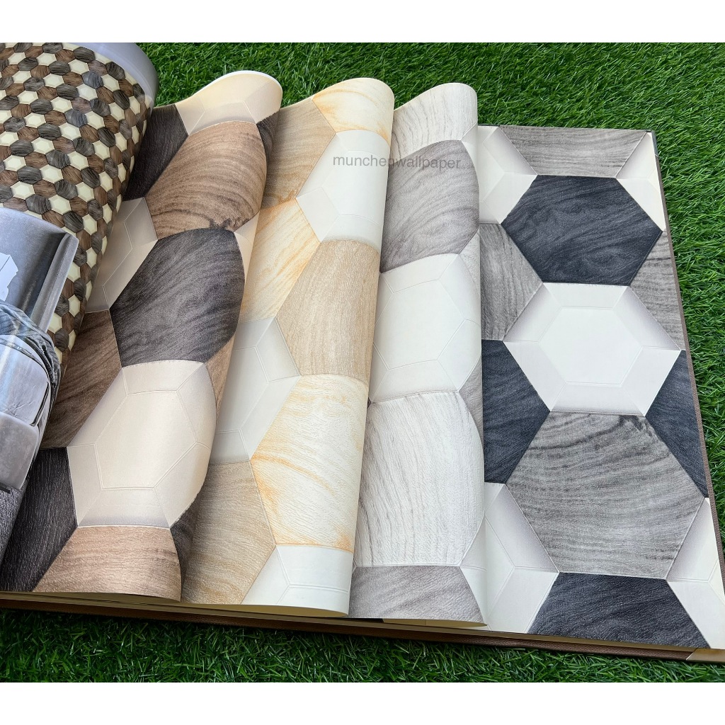 Wallpaper Dinding Premium Motif Hexagonal Serat Kayu 3D Visuall Minimalis