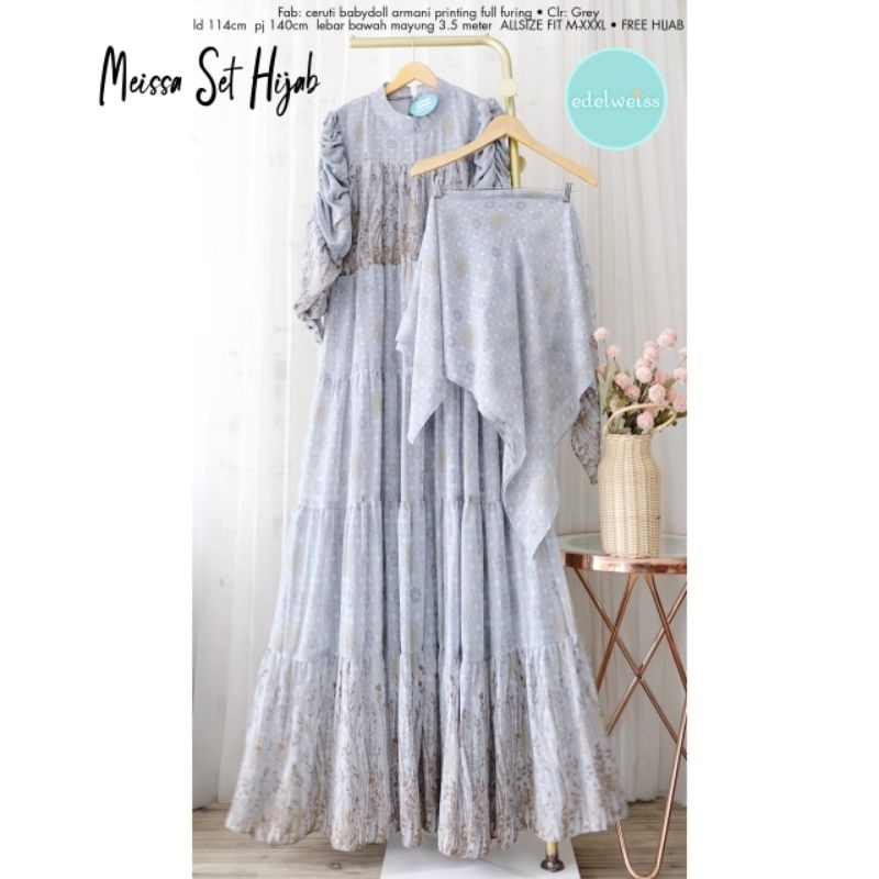 Meisa Set Hijab By Edelweiss - Setelan Gamis Ceruty Full Furing FitXL Ld114 Lebar Free Hijab Best Se