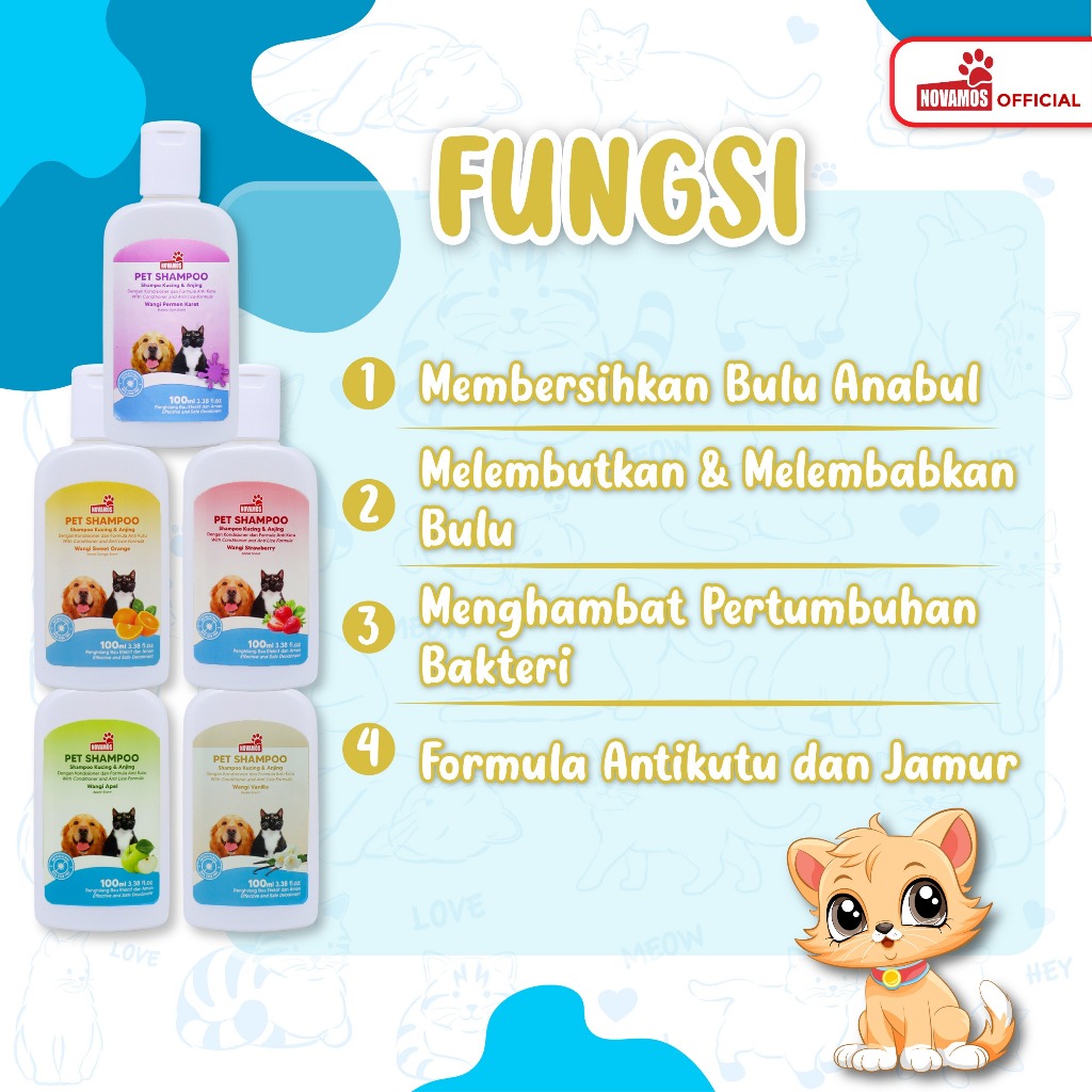 NOVAMOS Shampoo Kucing dan Anjing ( Shampoo + Conditioner Anti Kutu dan Jamur 100 ML )