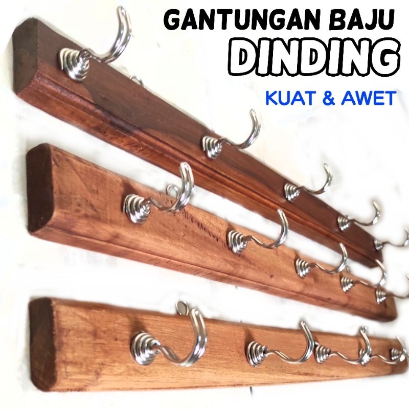 Kapstok Gantungan Baju Tempel Dinding Pintu 5 Kait Dari Kayu Alami