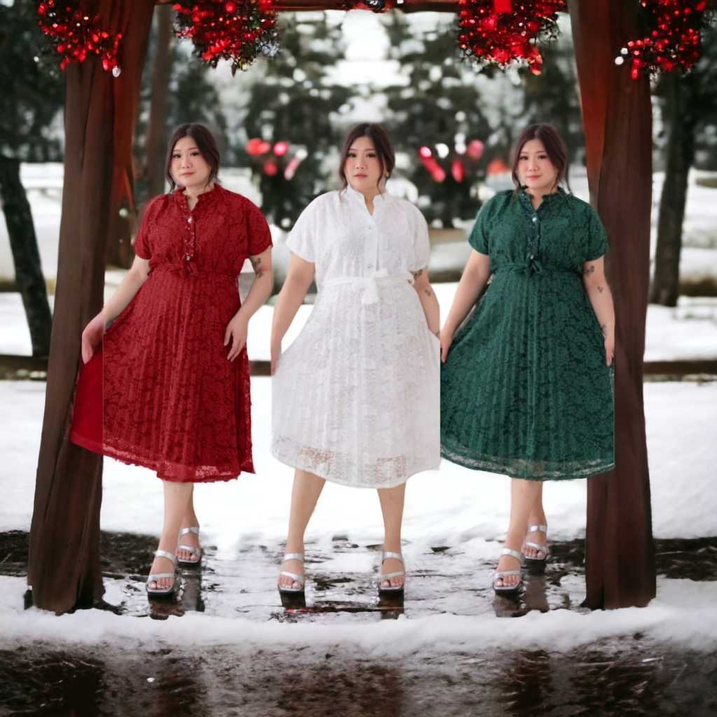 Dress Big Size Brukat Jumbo/ Dress Brukat Rempel Jumbo / Dress Natal & Imlek