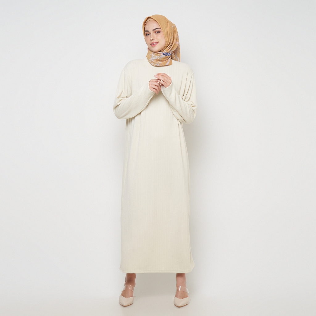 PUMPKIN DAILY Ameena Dress Cream Satin| Dress Wanita Kekinian Fashion Muslim Knit Lengan Panjang All