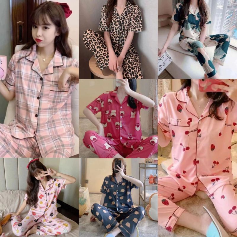 Baju tidur (Piyama) set Wanita Kemeja Lengan Pendek + Celana Panjang