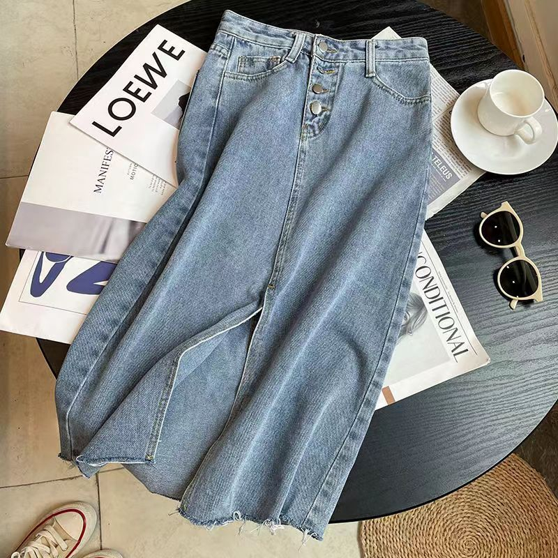 D3W boll.idBigsize Jumbo rok jeans wanita belah tengah biru/hitam rok jeans panjang rok jeans