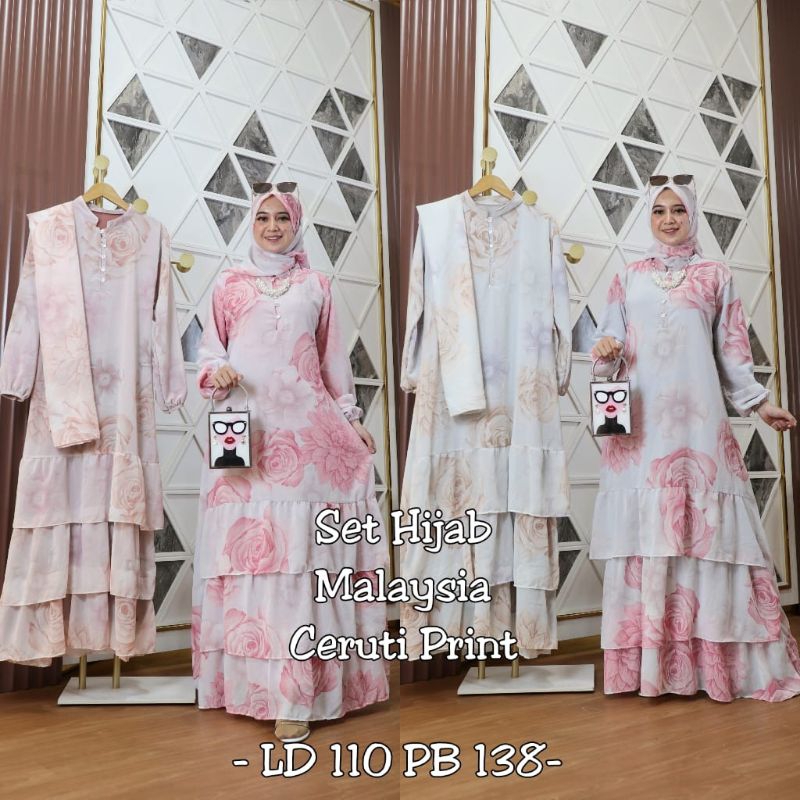 Gamis Malaysia Set Hijab Segiempat / Gamis Ceruty Set Hijab / Set Hijab Malaysia Ceruty Print / Gami