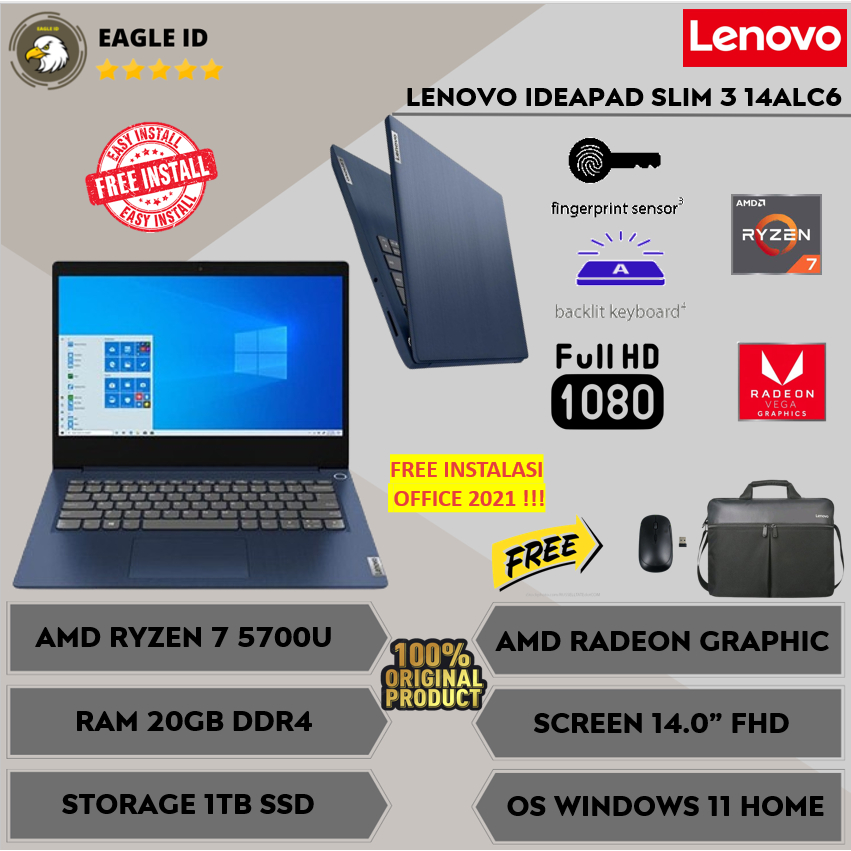 Laptop Lenovo Ideapad Slim 3 14 Amd Ryzen 7 5700U RAM 20GB 1TB SSD FHD Windows 11 ORIGINAL