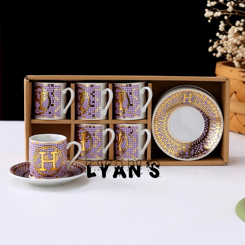 Hampers Cangkir MINI Set Keramik MERK HERMES SERIES Tatakan Souvenir Mug Gelas Teh Kopi Giftset