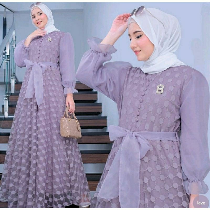 Ratna Dress Maxy Tile Dot Full Puring Premium Gamis Muslim Organza Modern Kekinian Fashion Terlaris