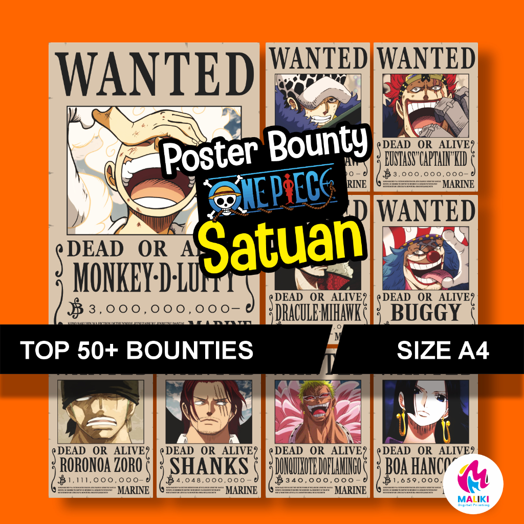 Poster Anime Bounty One Piece  / Poster Wanted Onepiece Ukuran a4