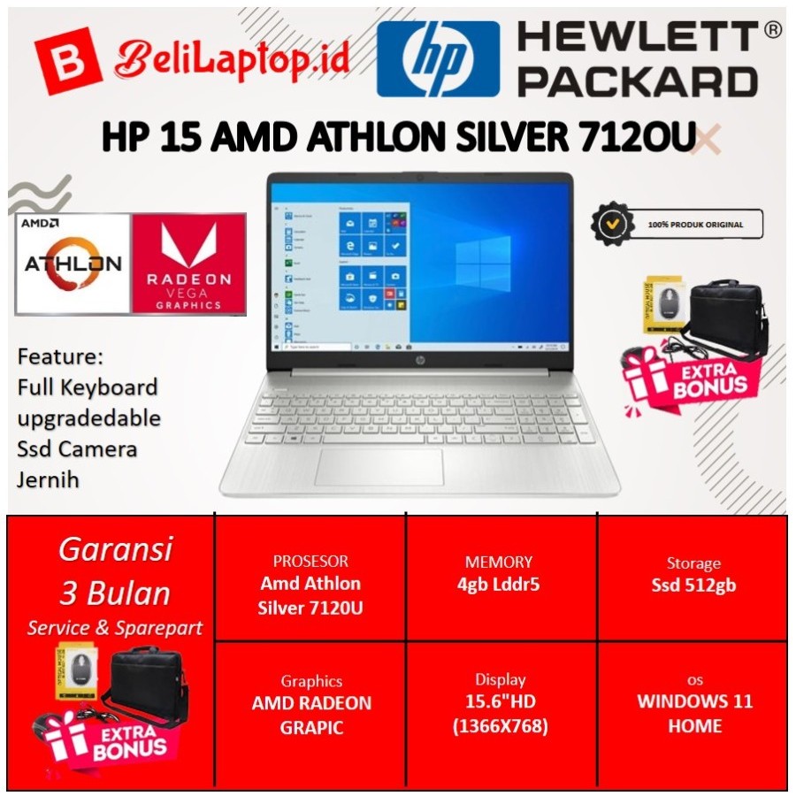 laptop design grafis HP 15 AMD Athlon Silver Ram 4Gb ddr5 Ssd 512Gb
