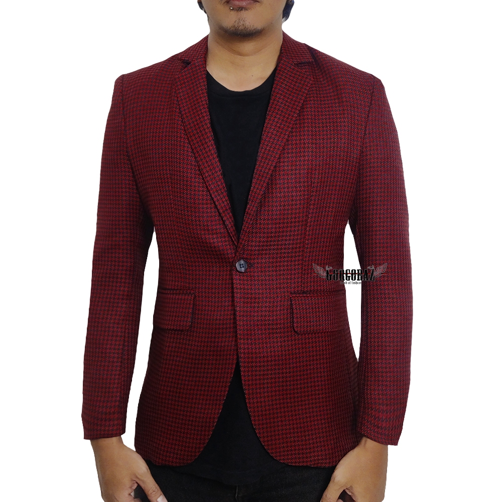 jas pria merah tartan kotak kotak keren slimfit terbaru modern cutting