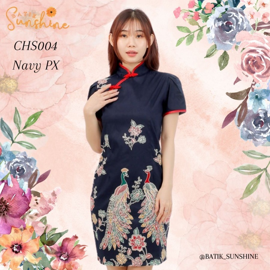 Dress Sangjit Cheongsam/Imlek Batik Wanita CHS004 PX Navy Cream