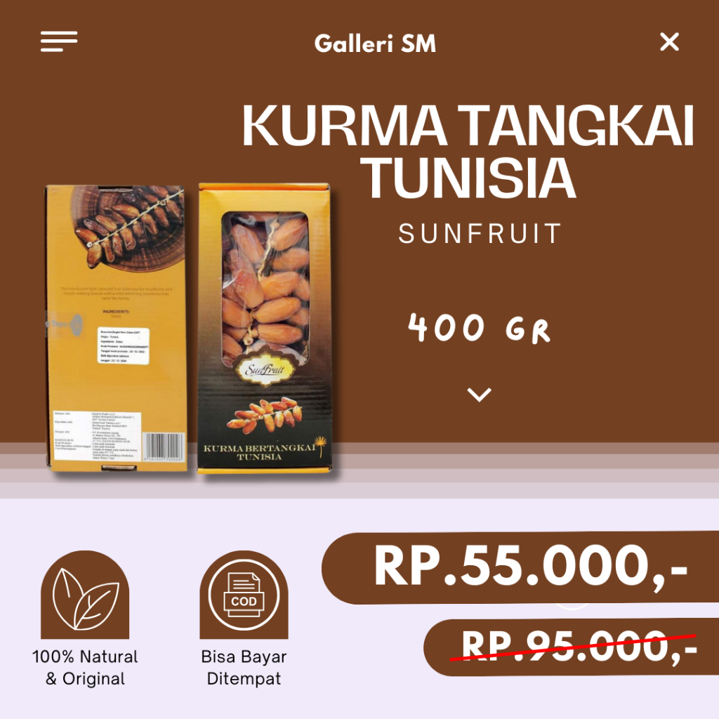 

Kurma Tunisia Tangkai Sun Fruit 400gr Korma Bertangkai Dates Organik