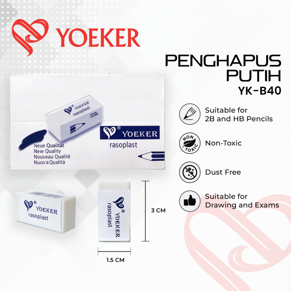 

(1 BOX) Penghapus Karet 2B Putih Yoeker