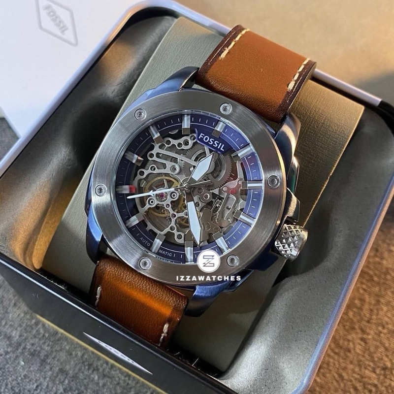 Jam Tangan Pria ME3135 Modern Machine Sport Skeleton Dial Brown Leather Strap