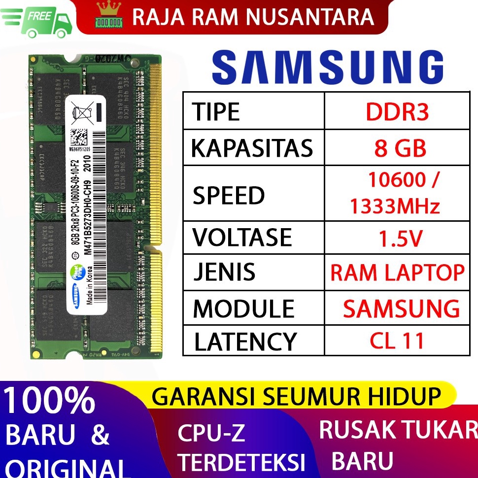 Barang Pilihan RAM LAPTOP SAMSUNG DDR3 8GB 16  1333MHz ORI RAM SODIMM 15v 8GB GAMING