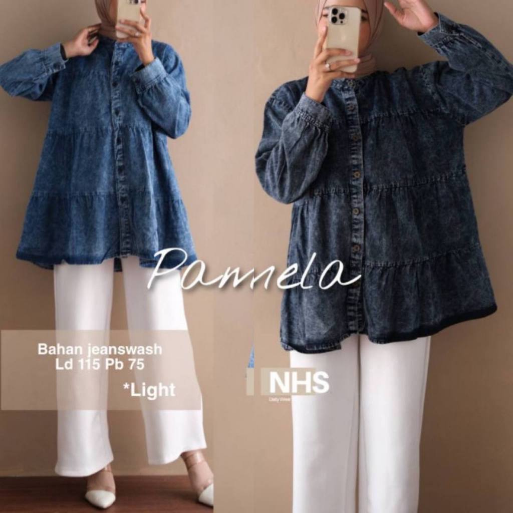Mela Blouse Jumbo Atasan Wanita Denim Ruffle Top Blouse Model Susun Terbaru
