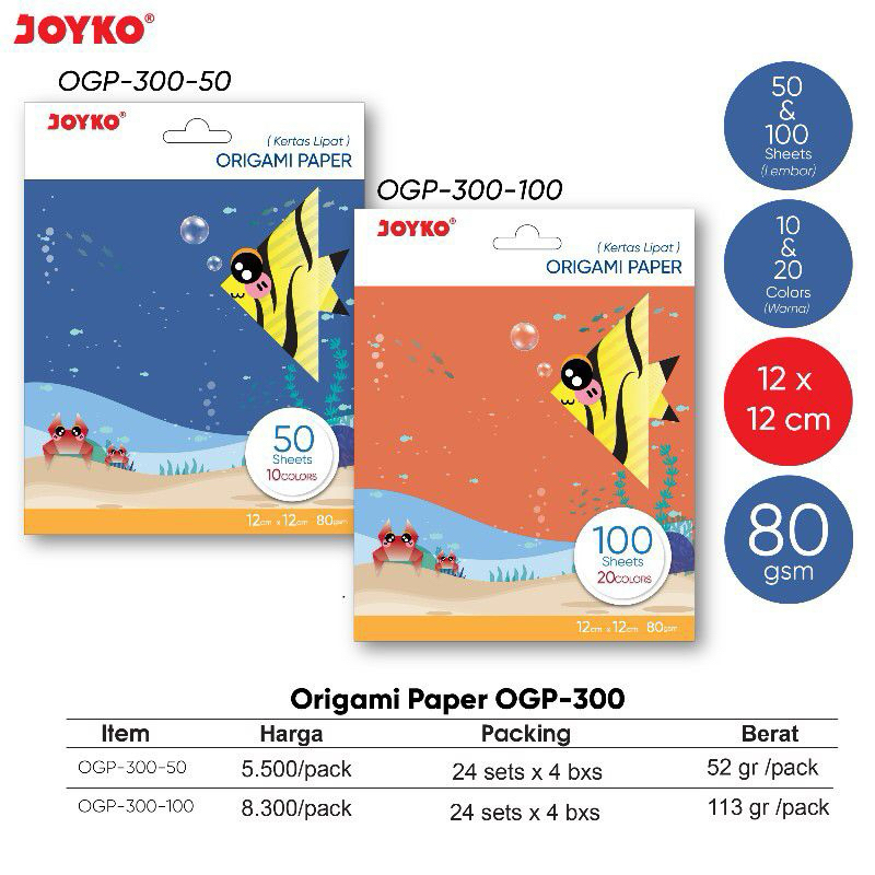 

Origami / Kertas Lipat ukuran 12 x 12 cm OGP-300 Tersedia 10 warna dan 20 warna Joyko