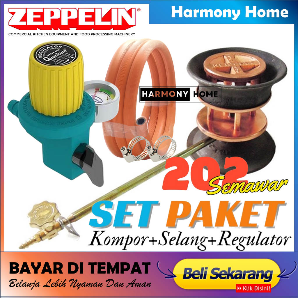 Paket Kompor Zeppelin ZPL 202 +Selang Gas Oren+regulator Quantum Meter Semawar Tekanan Tinggi Kompor