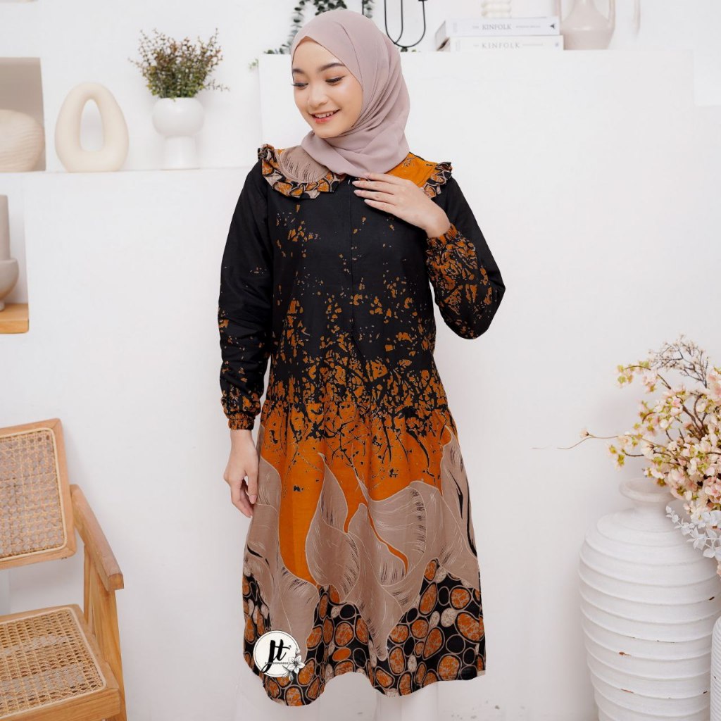 Tunik Batik Atasan Wanita Bahan Katun Lengan Panjang M L XL Lukis Oren