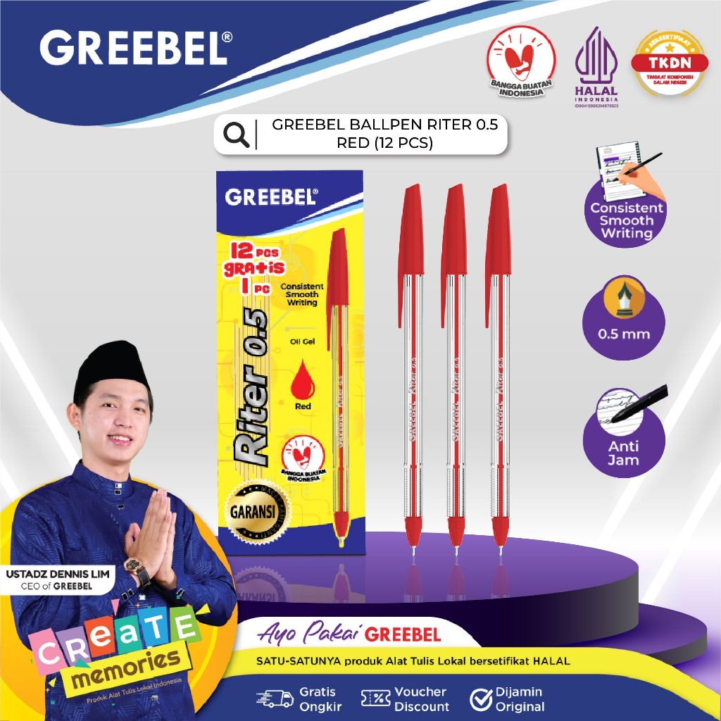 

GREEBEL PULPEN RITER 0.5 RED/Pen/Pulpen/Bolpoint utk atk kantor kerja kuliah anak | SentosaMart24