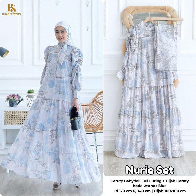 NURIE SET DENGAN HIJAB / DRESS KEKINIAN / GAMIS JUMBO bahan CERUTY BABYDOLL Original by HIJAB SISTER