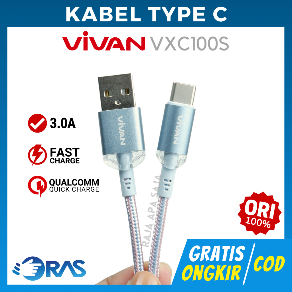Kabel Data Charger Vivan Type C Fast Charging 3A Casan Tipe C Tepsi HP Tab Android VXC100S