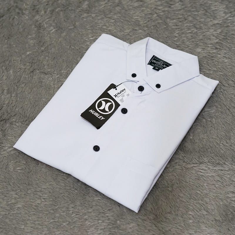 Kemeja Polos Pria Lengan Pendek warna putih Bahan Katun Poplin Oxford Slimfit Hurley
