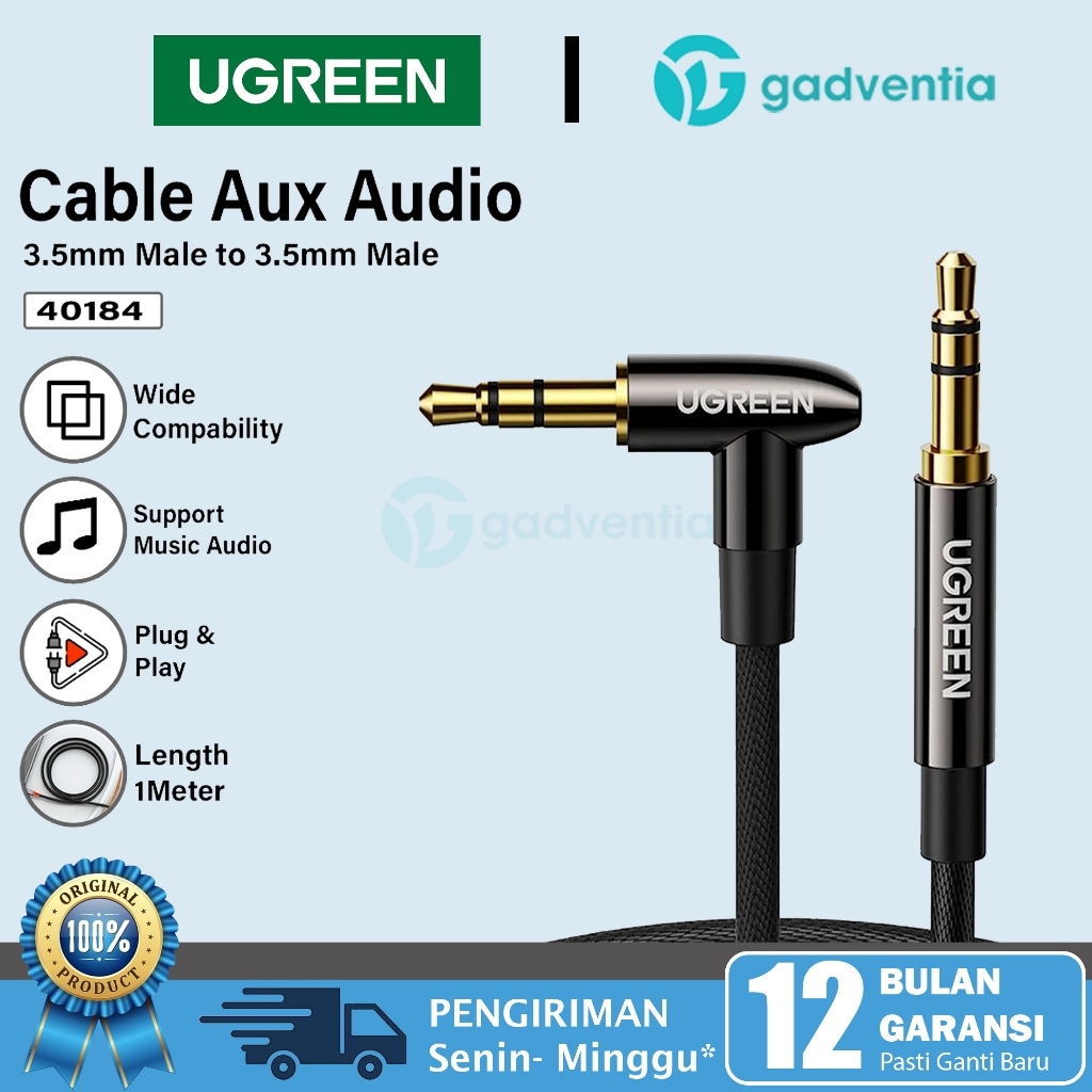 UGREEN 40184 Kabel AUX Extension Audio Jack 3.5mm 90° Model L Male To 3.5mm Male Cable / Male to Dua